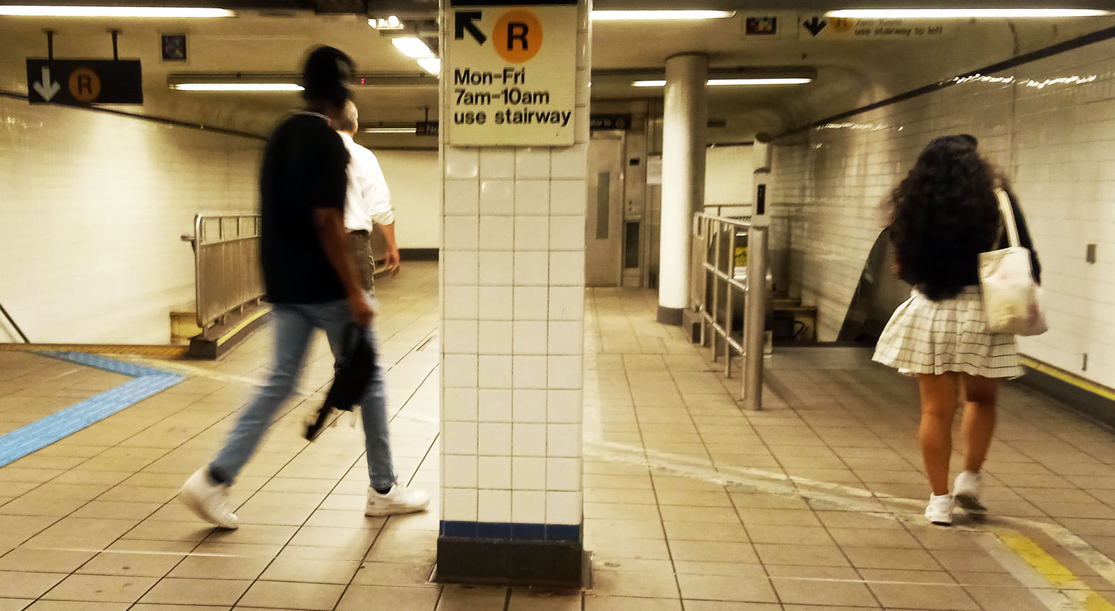 Brooklyn NY, Jay St. Metrotech subway station, Mezzanine, stairs, elevator, and escalator down to the R train